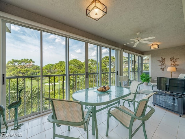 sunroom featuring ceiling fan