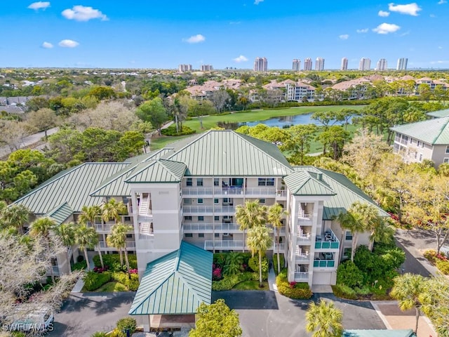 bird's eye view with a water view