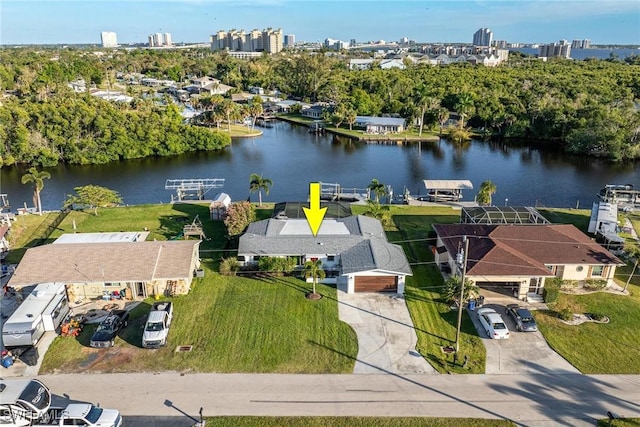 drone / aerial view with a water view