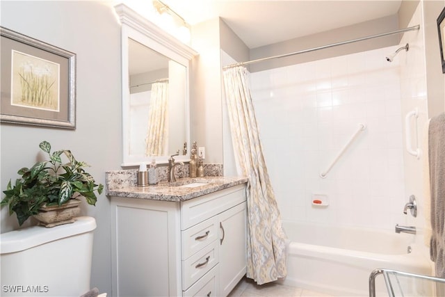 full bathroom featuring shower / bathtub combination with curtain, vanity, tile patterned flooring, and toilet