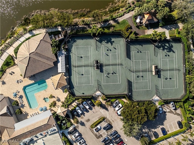 drone / aerial view with a water view