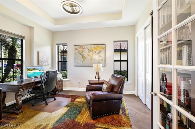 office area with hardwood / wood-style floors, a tray ceiling, a wealth of natural light, and french doors