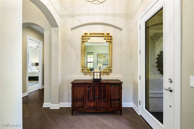 interior space with dark wood-type flooring