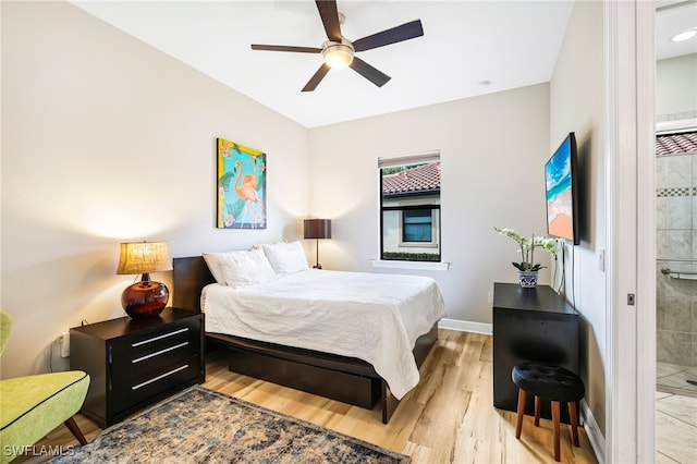 bedroom featuring ceiling fan and light wood-type flooring