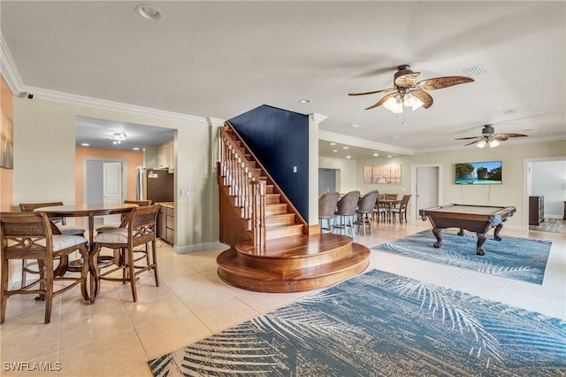 rec room featuring crown molding, billiards, and light tile patterned floors