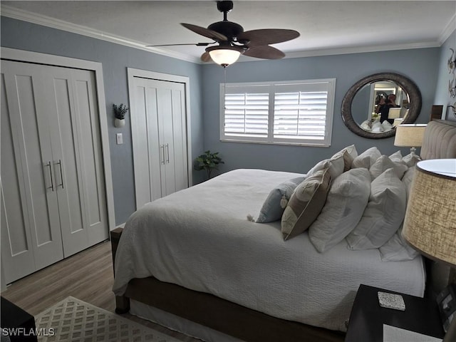 bedroom with hardwood / wood-style floors, ornamental molding, multiple closets, and ceiling fan