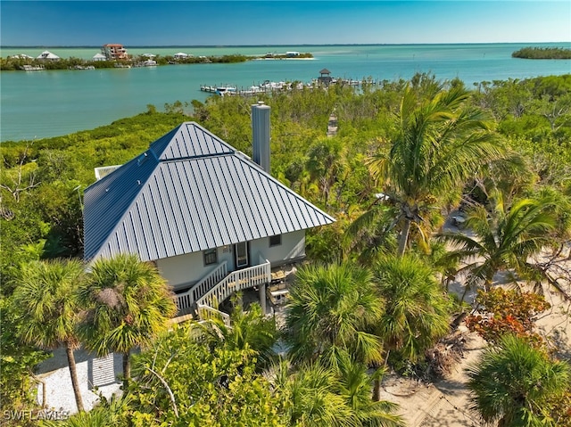 aerial view featuring a water view