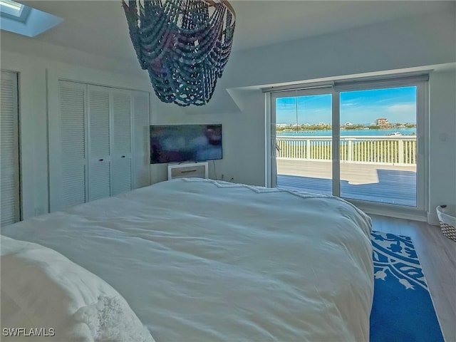 bedroom featuring a skylight, hardwood / wood-style floors, a closet, and access to outside