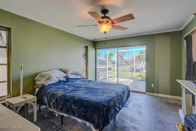 bedroom with access to exterior, ornamental molding, and ceiling fan