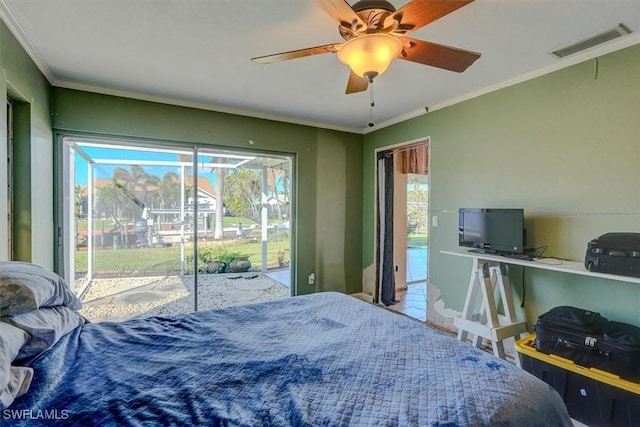 bedroom featuring crown molding, ceiling fan, and access to exterior