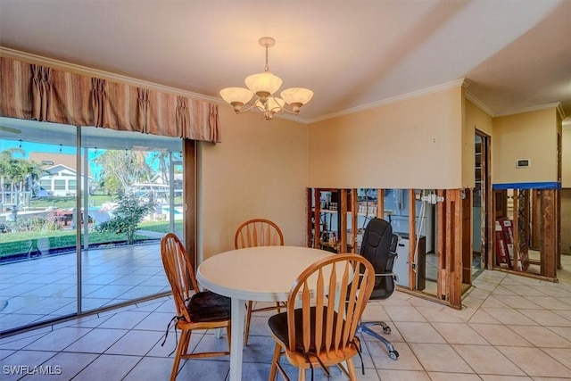 tiled dining room featuring crown molding and an inviting chandelier