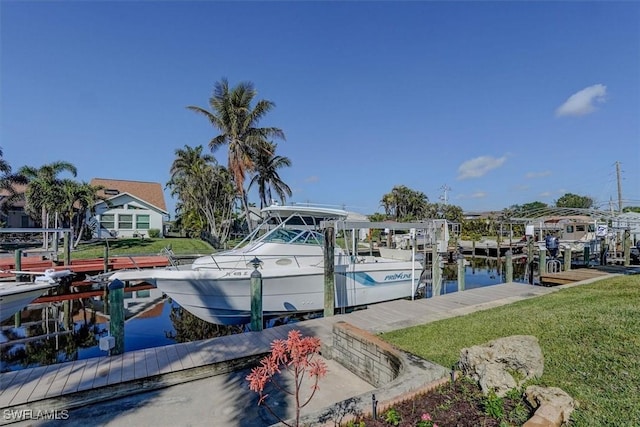 view of dock featuring a water view and a lawn