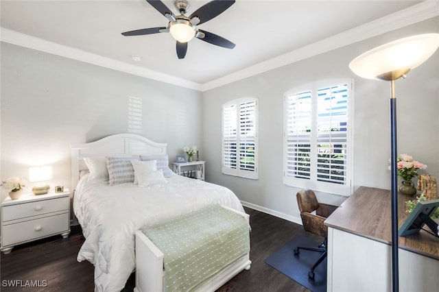 bedroom featuring wood finished floors, ceiling fan, baseboards, and ornamental molding