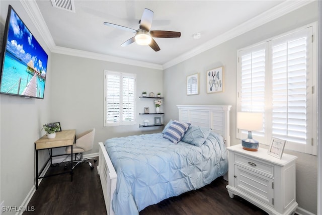 bedroom featuring visible vents, crown molding, a ceiling fan, and dark wood-style floors