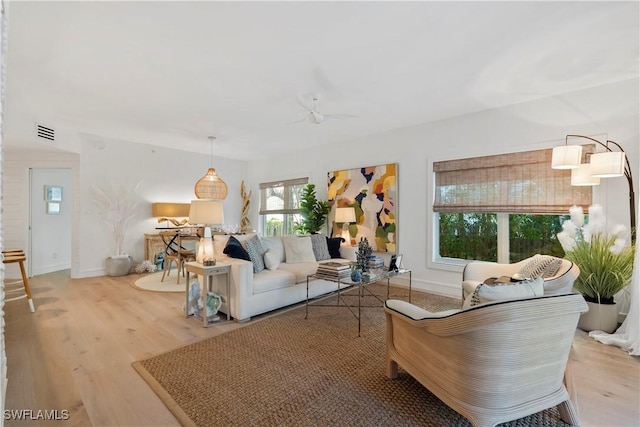 living room with light hardwood / wood-style flooring