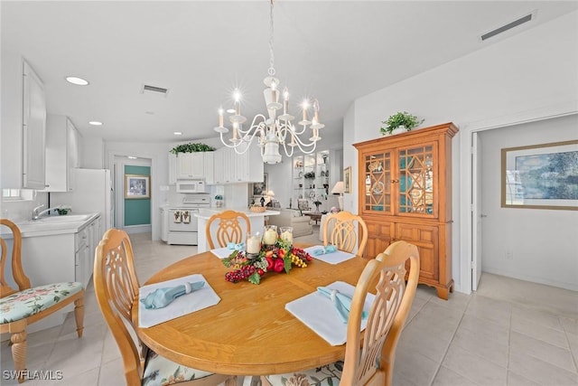 dining space featuring recessed lighting, light tile patterned flooring, visible vents, and a notable chandelier