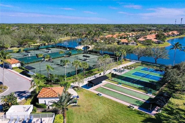 bird's eye view with a water view