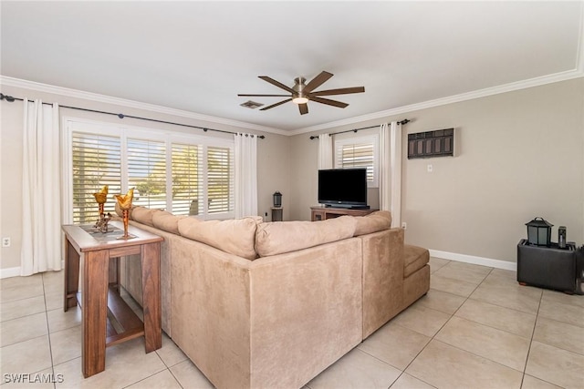 tiled living room with crown molding and ceiling fan