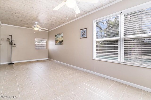 unfurnished room with light tile patterned flooring, wood ceiling, ornamental molding, and ceiling fan