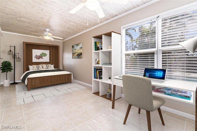 bedroom featuring crown molding, light tile patterned flooring, and wooden ceiling