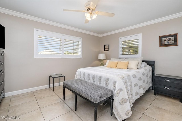 bedroom with crown molding and light tile patterned flooring