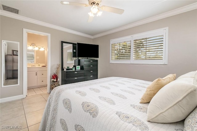 bedroom featuring light tile patterned floors, crown molding, ceiling fan, and ensuite bathroom