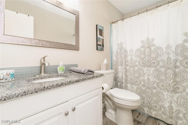 bathroom featuring vanity, wood-type flooring, and toilet