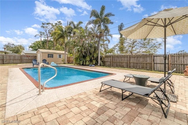 view of pool with a patio area and a storage unit