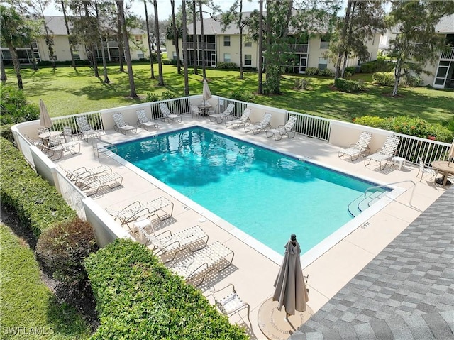 view of pool featuring a patio area and a lawn