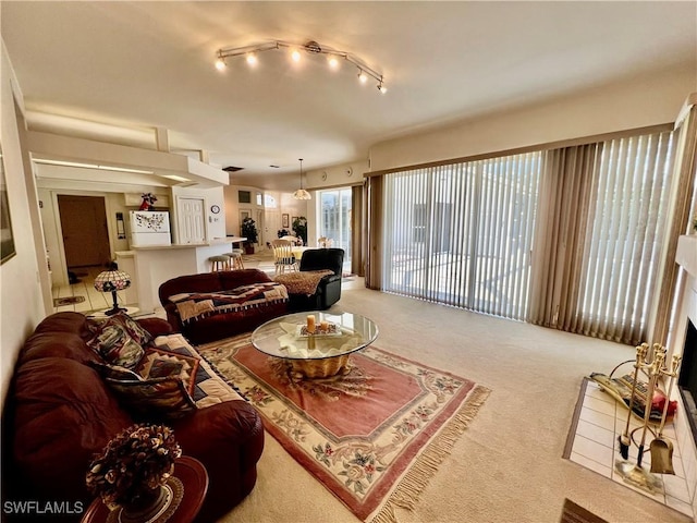 living room featuring light carpet