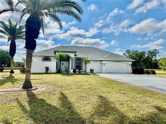 view of front facade with a front yard, driveway, an attached garage, and stucco siding