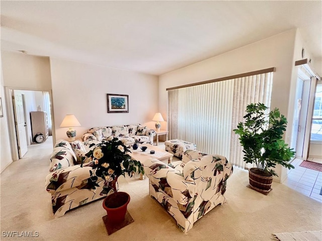 carpeted living room with tile patterned floors