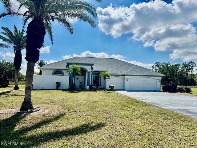 view of front of property with a garage, concrete driveway, a front lawn, and stucco siding