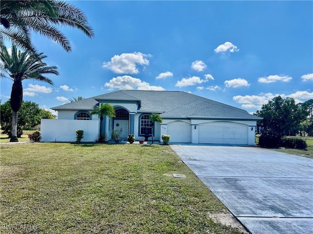 view of front facade with driveway, stucco siding, an attached garage, and a front yard