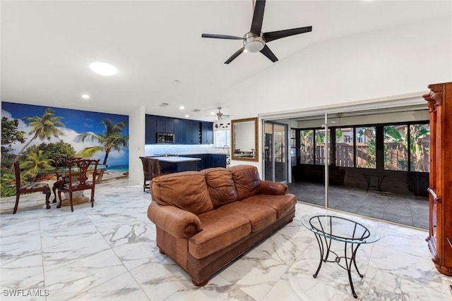 living room featuring high vaulted ceiling and ceiling fan