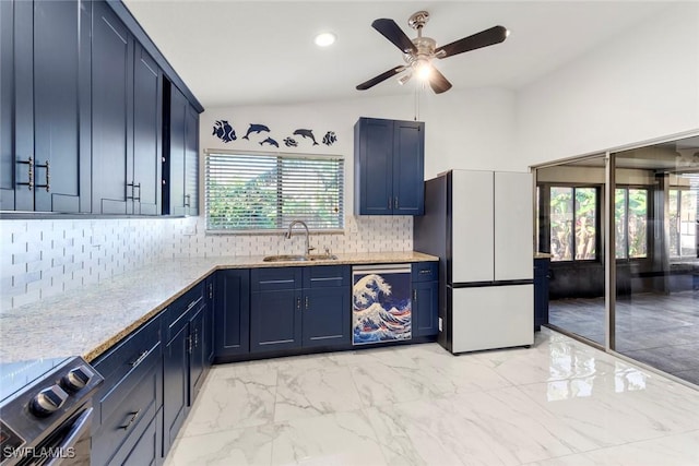 kitchen with dishwashing machine, sink, blue cabinetry, stainless steel range with electric stovetop, and white refrigerator