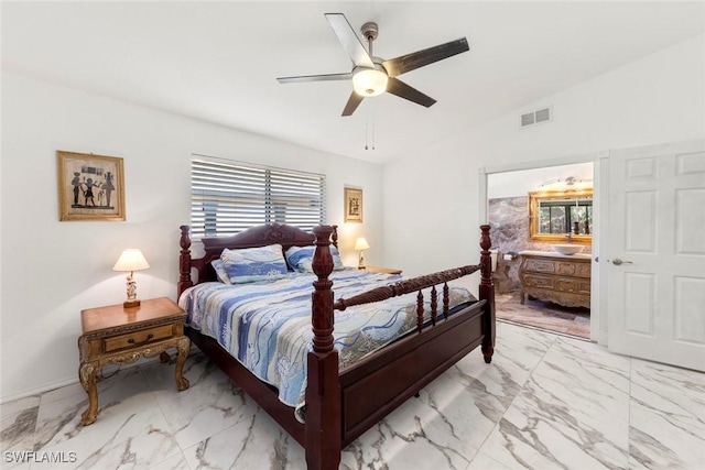 bedroom with lofted ceiling and ceiling fan