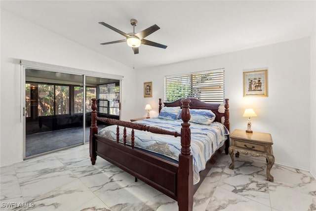 bedroom with access to outside, ceiling fan, and vaulted ceiling