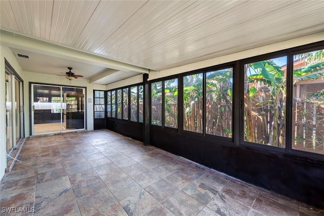 unfurnished sunroom with wood ceiling and ceiling fan