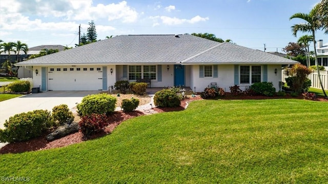 ranch-style home featuring a garage and a front lawn