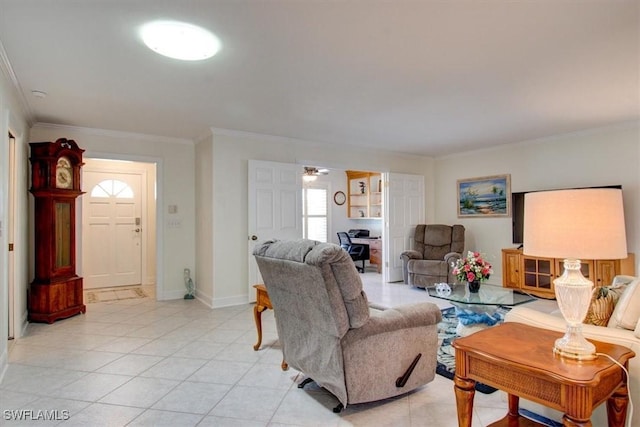 tiled living room featuring ornamental molding