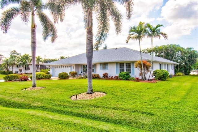 ranch-style home featuring a garage and a front yard