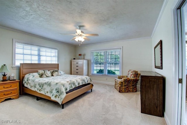 carpeted bedroom featuring multiple windows, crown molding, and a textured ceiling