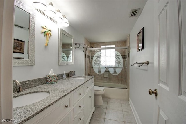 full bathroom with tile patterned flooring, enclosed tub / shower combo, vanity, and toilet