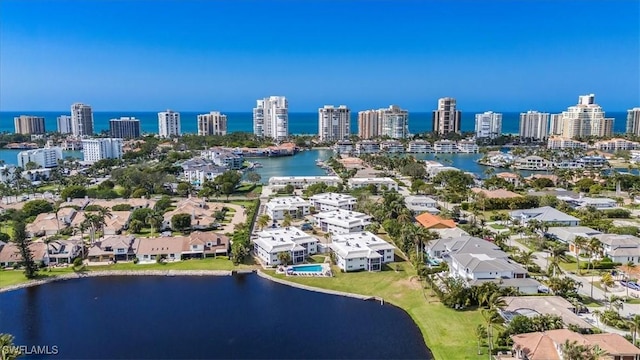 bird's eye view with a water view