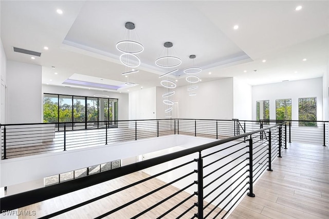 hall with a raised ceiling, light hardwood / wood-style flooring, and a wealth of natural light