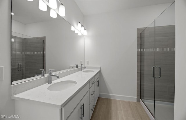 bathroom featuring vanity and a shower with shower door