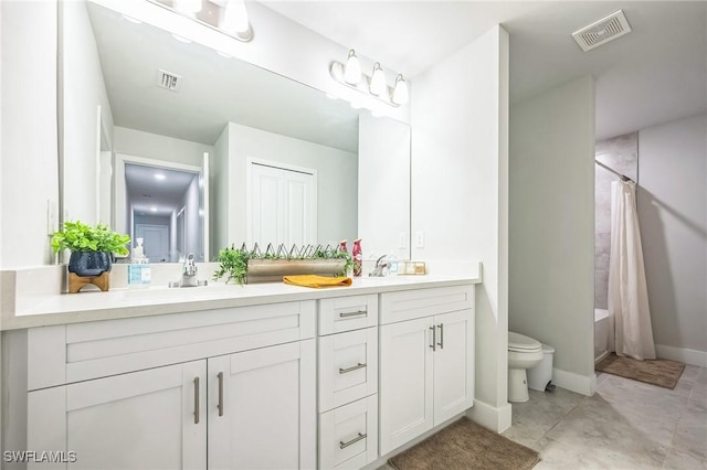 full bathroom with shower / bathtub combination with curtain, vanity, toilet, and tile patterned flooring