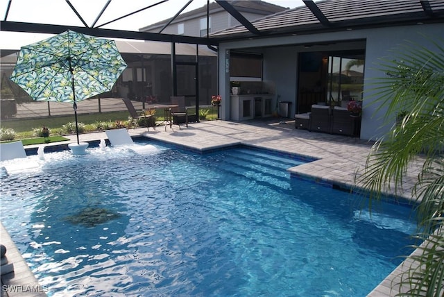 view of swimming pool with area for grilling, a lanai, and a patio area