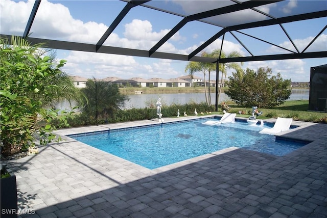 view of swimming pool with a water view, pool water feature, a lanai, and a patio area